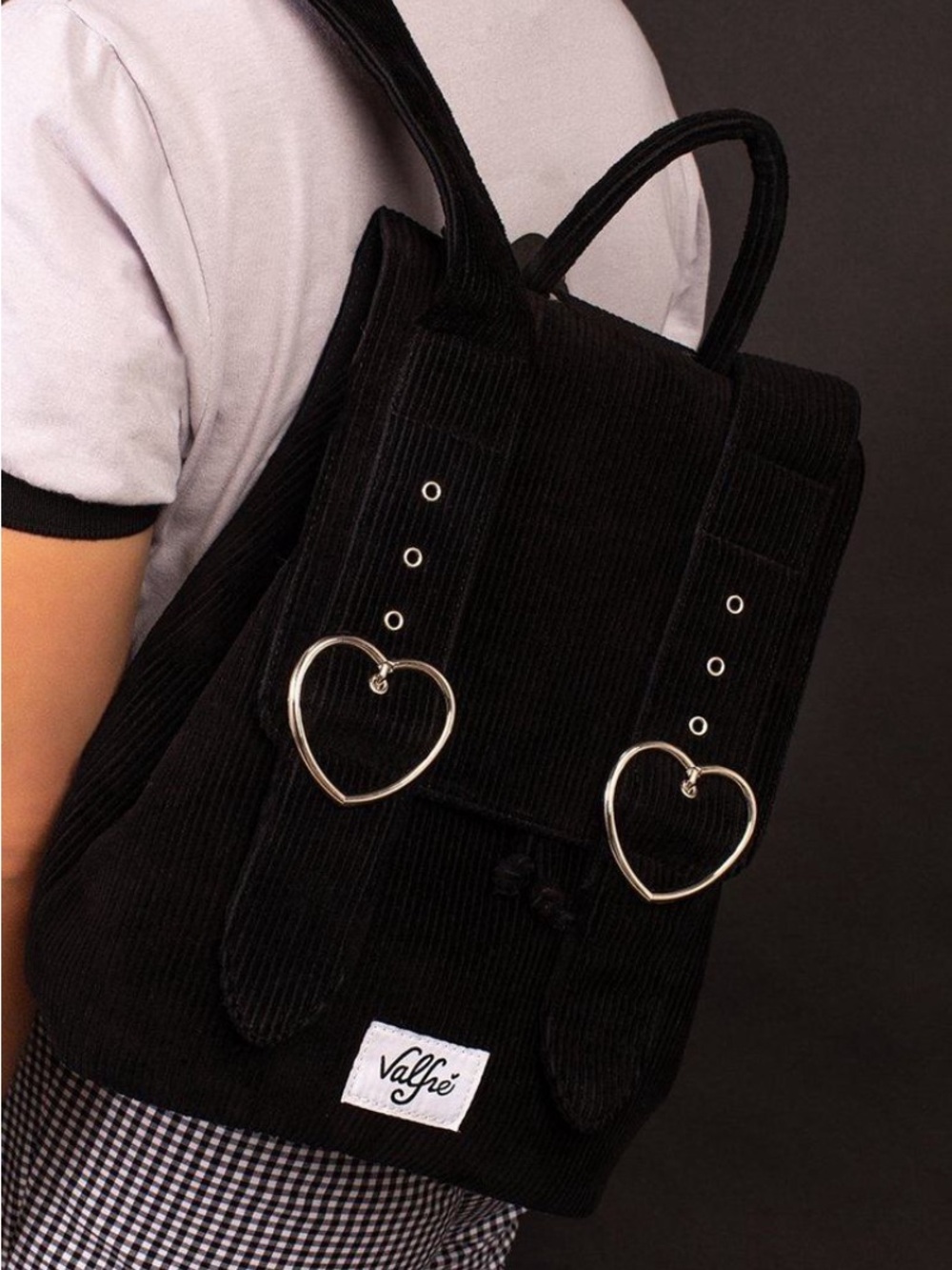 Valfre Black Corduroy Mini Backpack with Heart Buckle Details - Picture 2 of 4